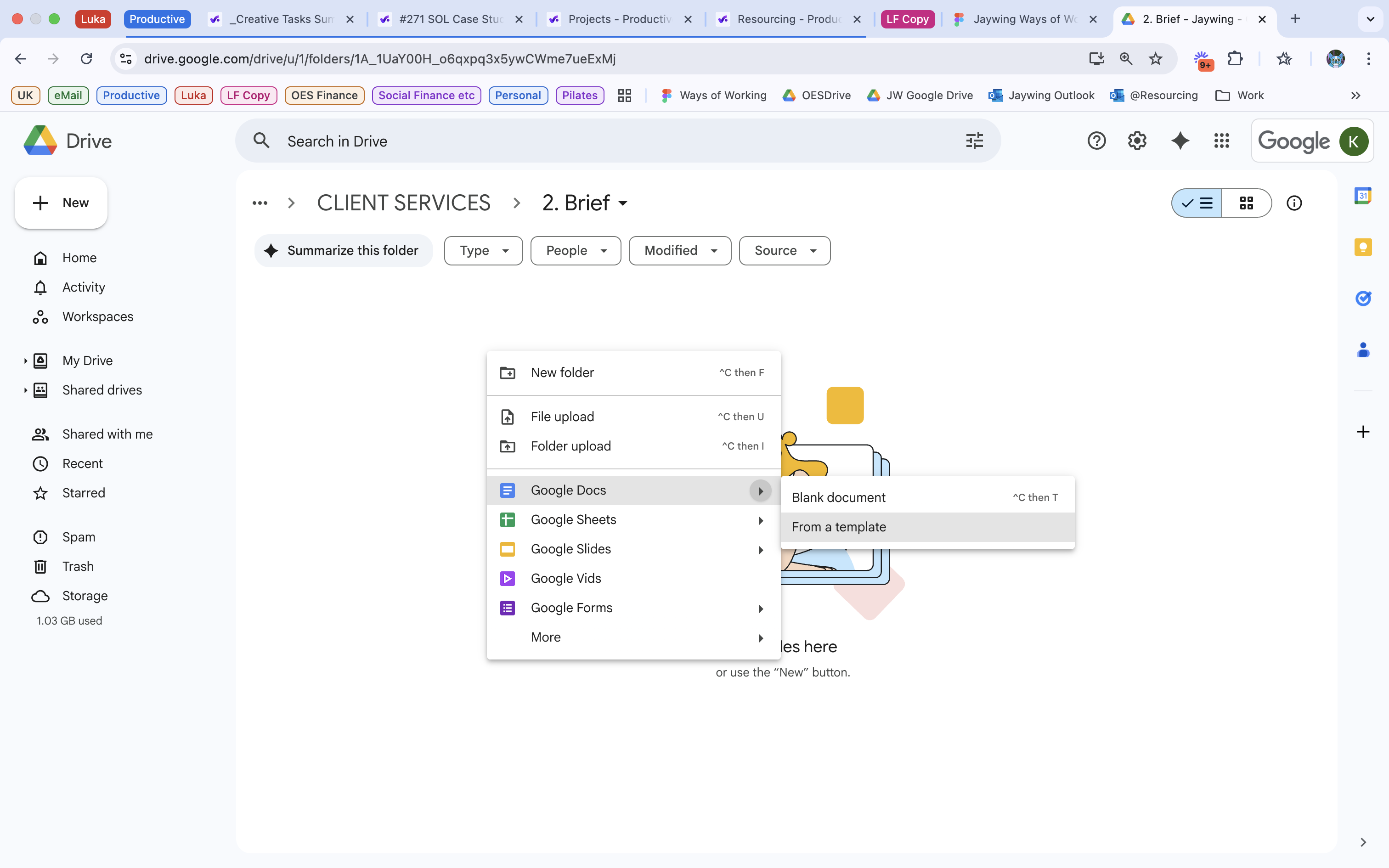 Google Drive showing New menu with template options